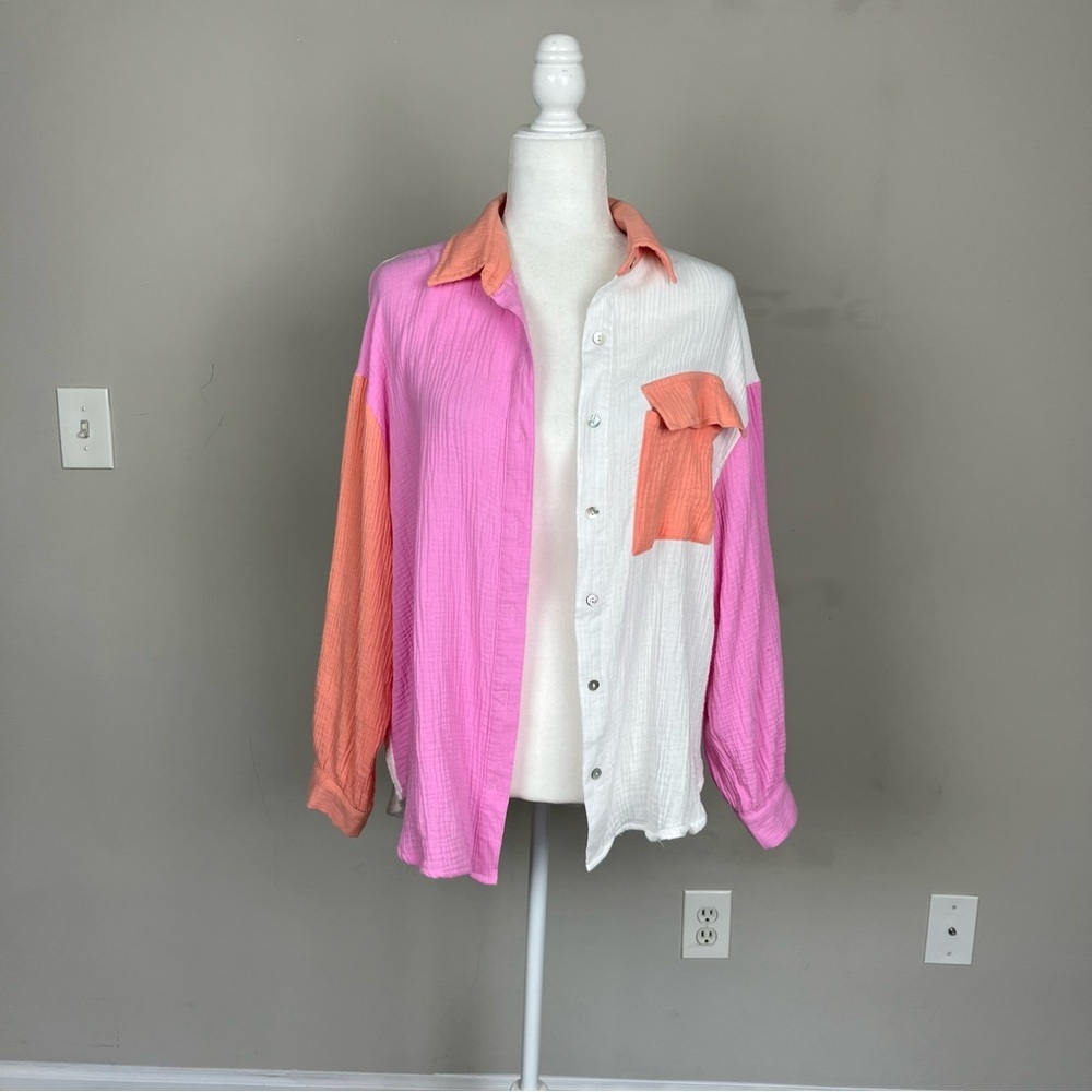 ENTRO COLOR BLOCK BUTTON UP COLLARED COTTON GAUZY TOP SIZE SMALL - Picture 3 of 15